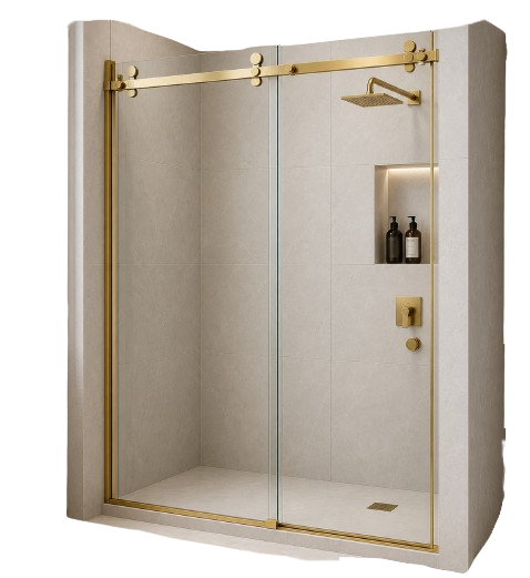 CANCEL PARA BAÑO EN ESCUADRA CORREDIZO COLGANTE VIDIRO A VIDRIO ACERO INOXIDABLE 304 ORO BRILLANTE