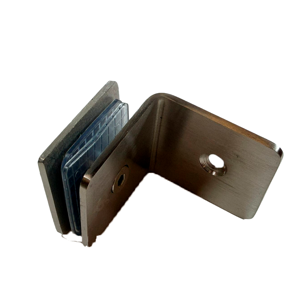 CLIP MURO A VIDRIO 90° CON BASE LATERAL SATIN ACERO INOXIDABLE 201