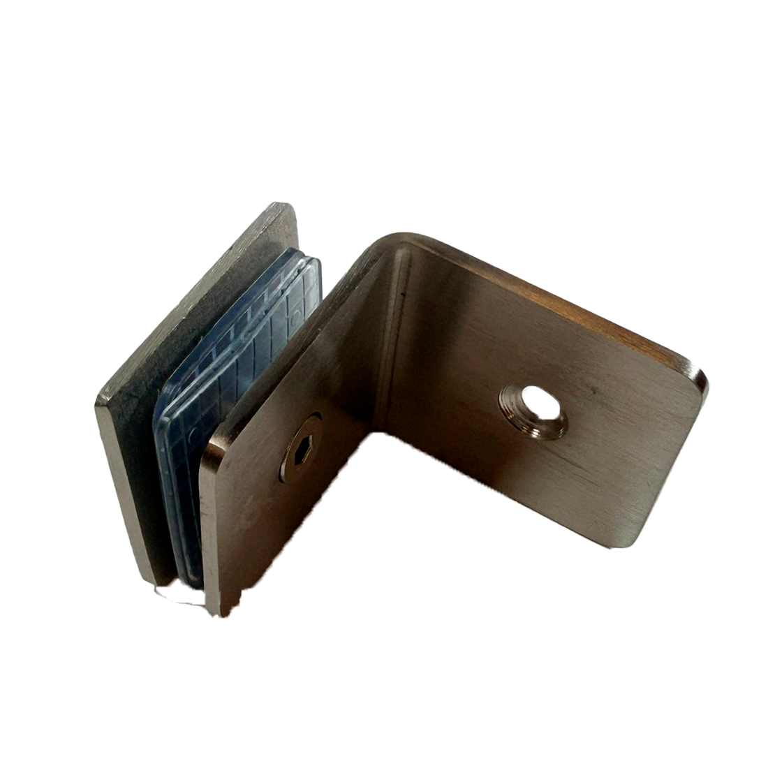 CLIP MURO A VIDRIO 90° CON BASE LATERAL SATIN ACERO INOXIDABLE 201