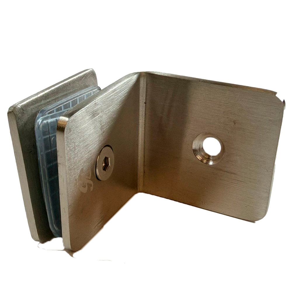 CLIP MURO A VIDRIO 90° CON BASE LATERAL SATIN ACERO INOXIDABLE 201