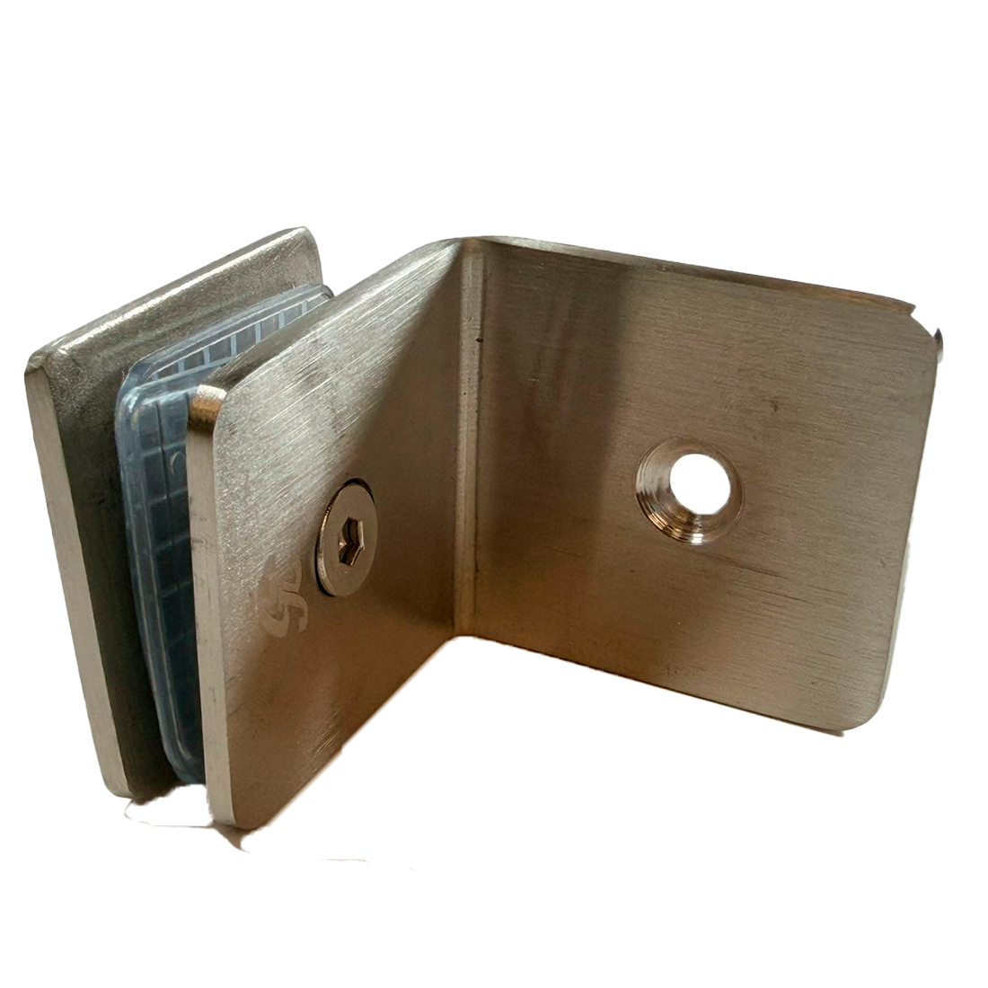 CLIP MURO A VIDRIO 90° CON BASE LATERAL SATIN ACERO INOXIDABLE 201