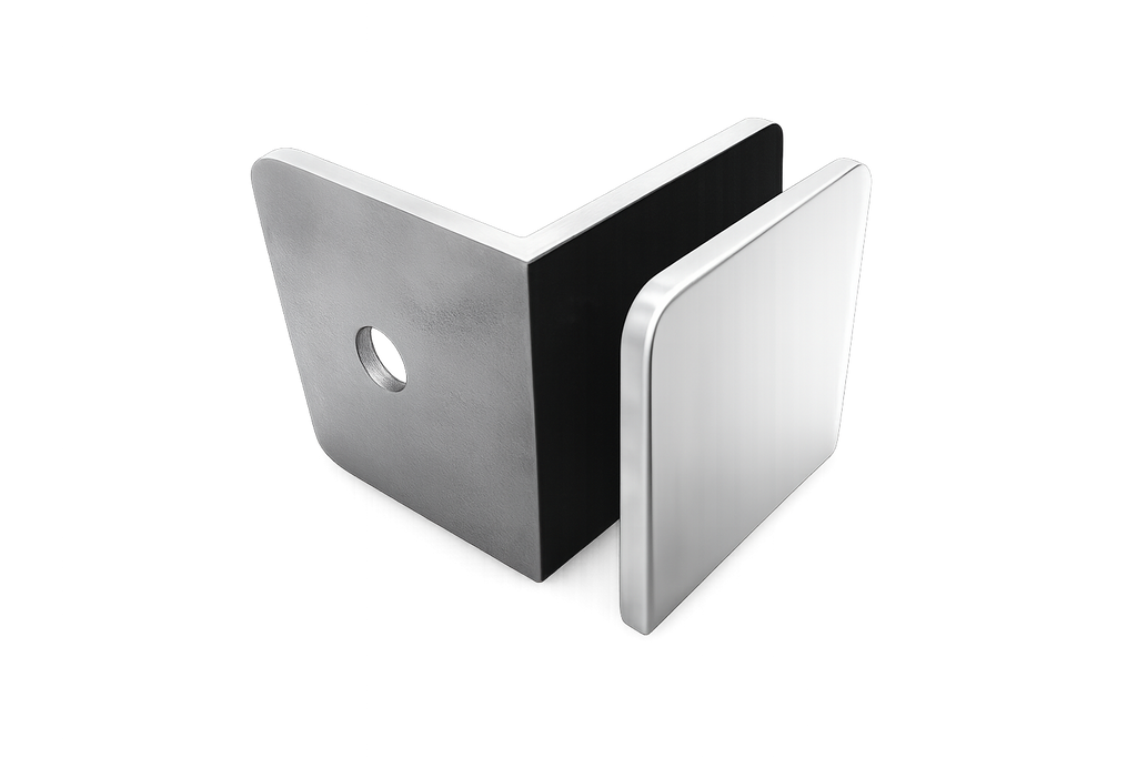 CLIP MURO A VIDRIO 90° CON BASE LATERAL CROMO ACERO INOXIDABLE 201