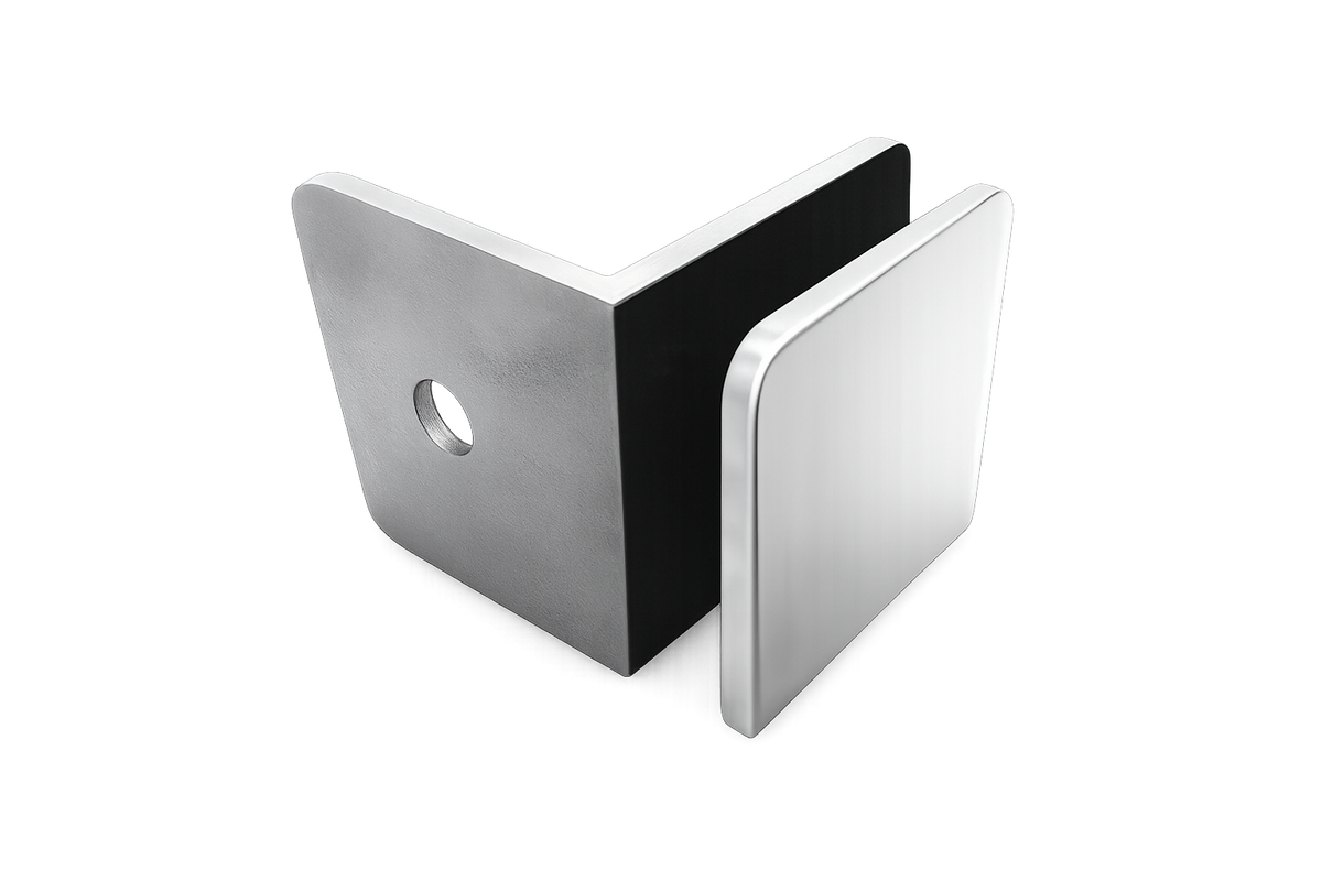 CLIP MURO A VIDRIO 90° CON BASE LATERAL CROMO ACERO INOXIDABLE 201