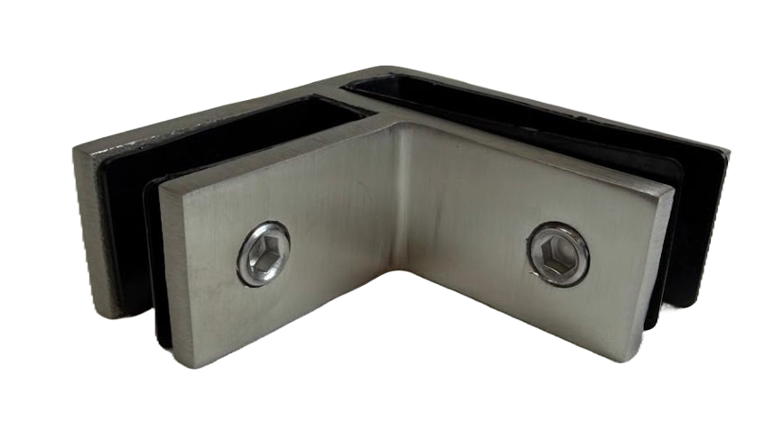 CONECTOR EN ESCUADRA 90° VIDRIO A VIDRIO SIN RESAQUE ACERO INOXIDABLE 304 SATIN