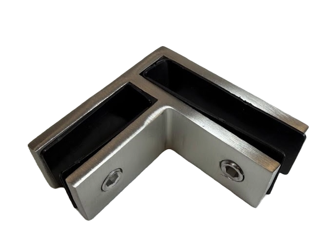 CONECTOR EN ESCUADRA 90° VIDRIO A VIDRIO SIN RESAQUE ACERO INOXIDABLE 304 SATIN