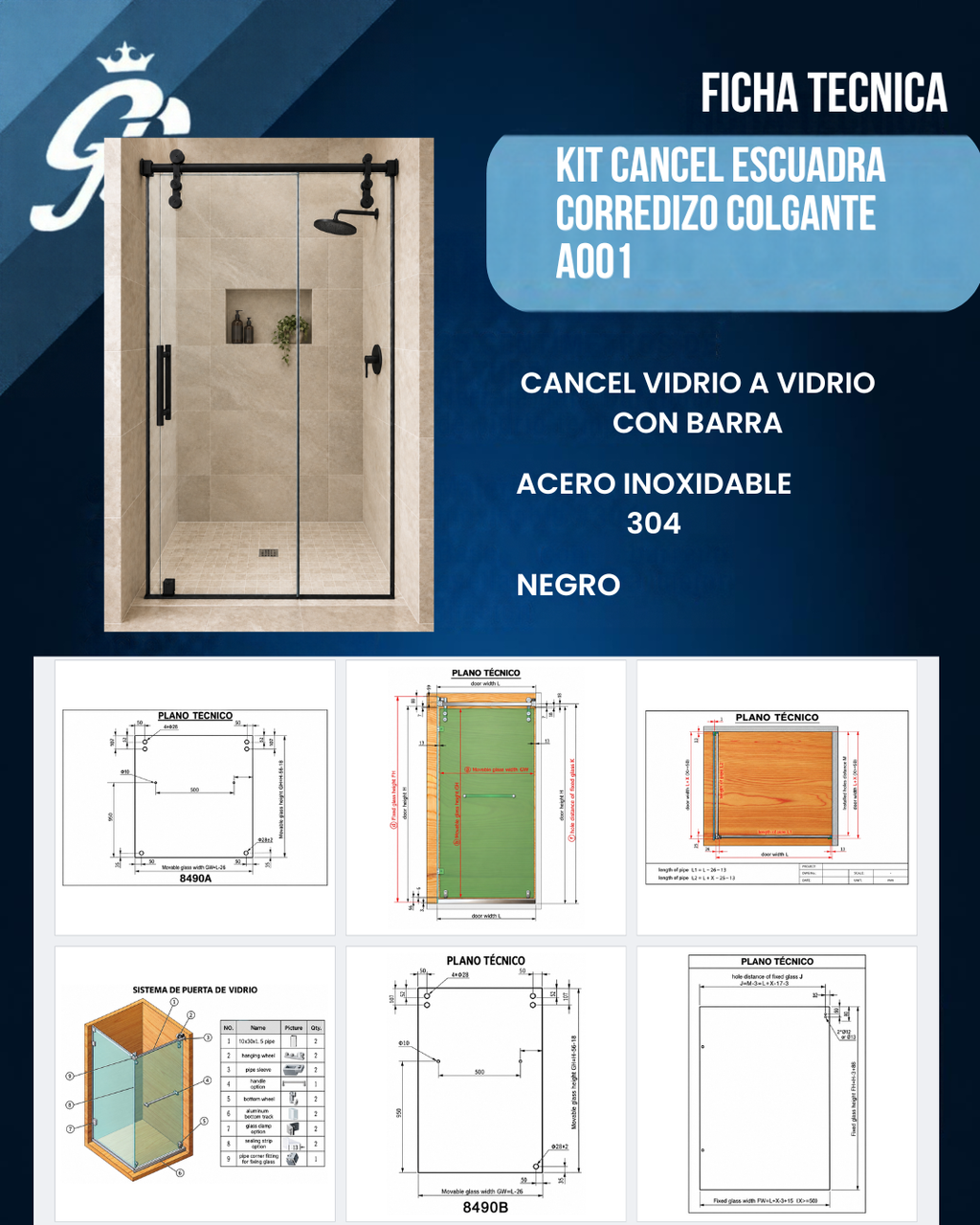 CANCEL PARA BAÑO EN ESCUADRA CORREDIZO COLGANTE VIDRIO A VIDRIO ACERO INOXIDABLE 304 NEGRO