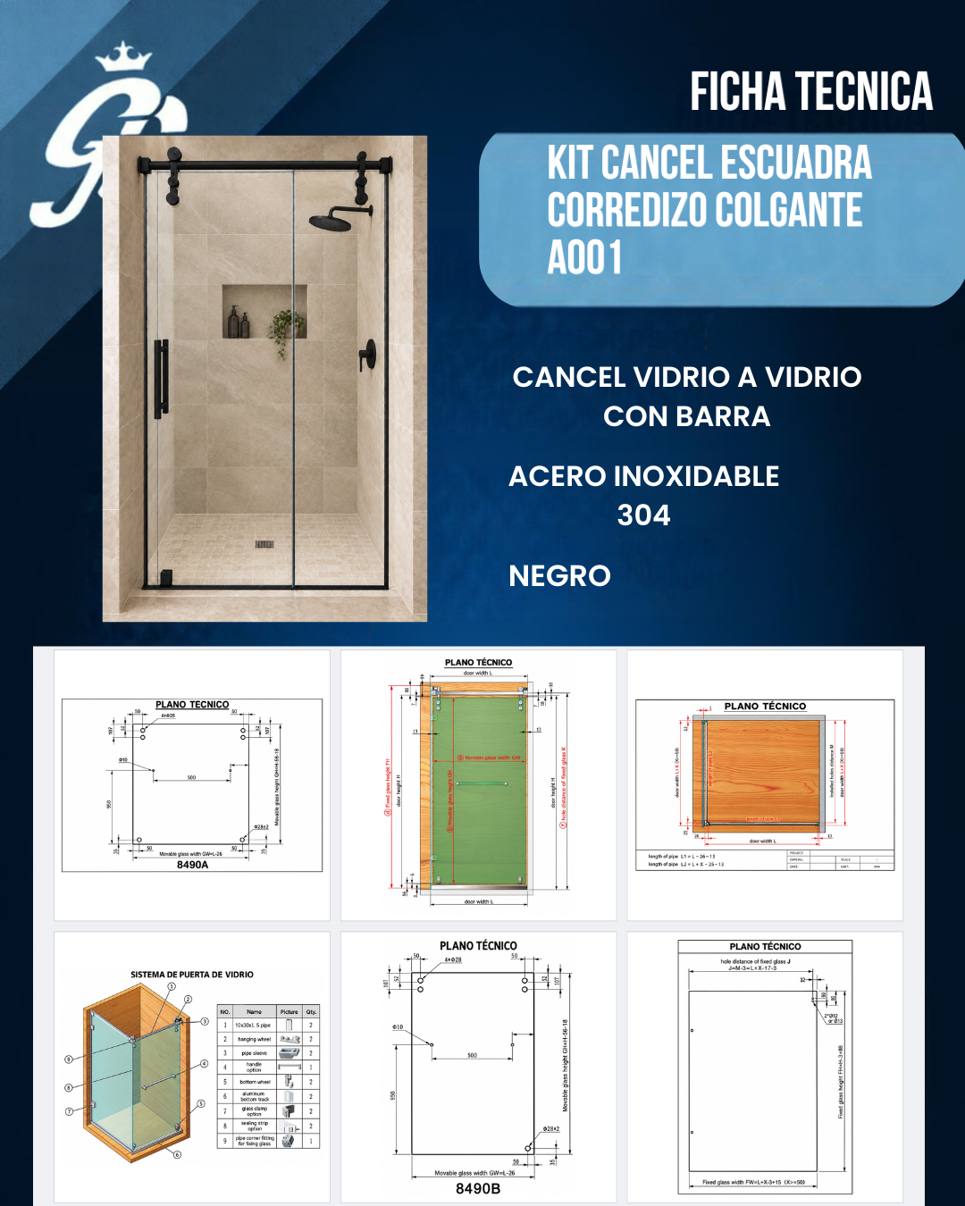 CANCEL PARA BAÑO EN ESCUADRA CORREDIZO COLGANTE VIDRIO A VIDRIO ACERO INOXIDABLE 304 NEGRO