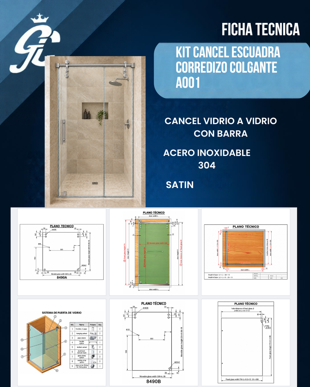 CANCEL PARA BAÑO EN ESCUADRA CORREDIZO COLGANTE VIDIRO A VIDRIO ACERO INOXIDABLE 304 ORO BRILLANTE