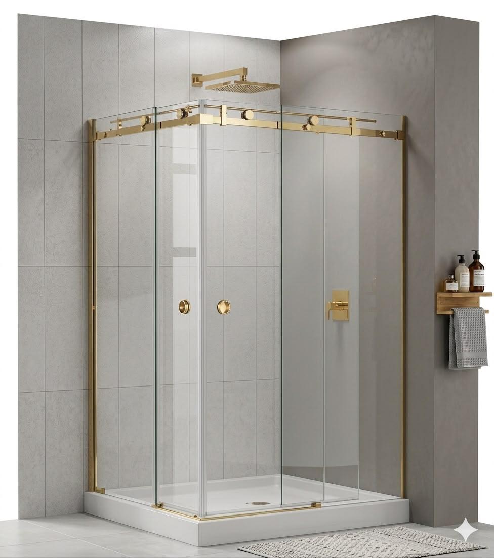 CANCEL PARA BAÑO EN ESCUADRA CORREDIZO COLGANTE MURO A VIDRIO ACERO INOXIDABLE 304 ORO BRILLANTE